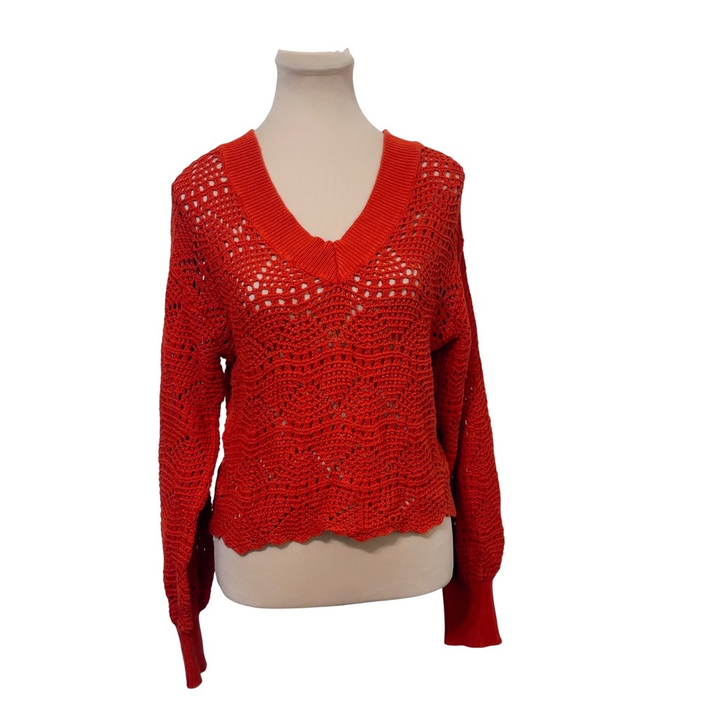 525 Womens Crochet V-Neck Sweater Medium Orange‎ Boho Knit Pullover Casual